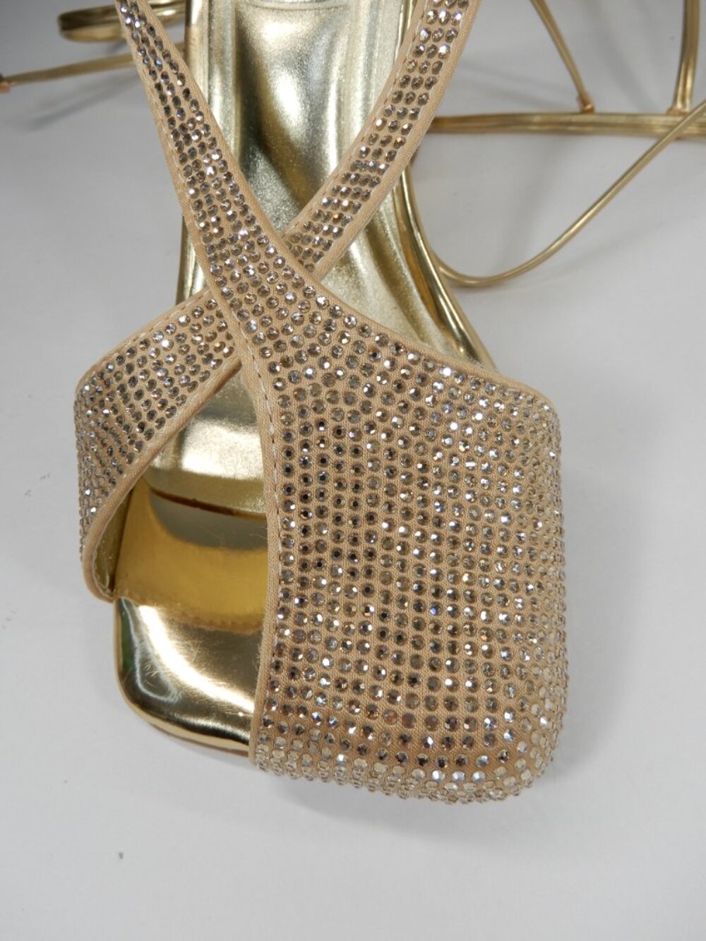 AZALEA WANG Builany Pump Sandals 7 Gold Rhinestone Lace-Up Heels Square Toe NEW - Picture 13 of 14